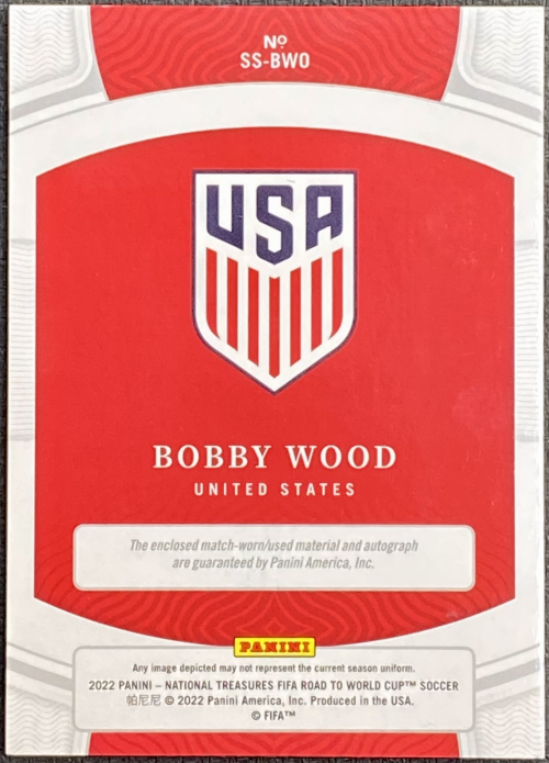 2022 Panini National Treasures Road to the World Cup Star Swatch Signatures Sapphire #35 Bobby Wood/5 back image