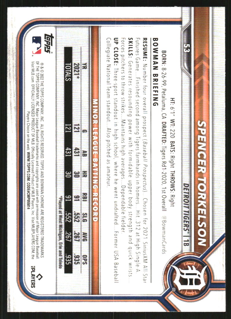 2022 Bowman Chrome #53 Spencer Torkelson (RC)