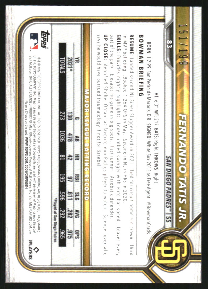 2022 Bowman Chrome Black and White Mini-Diamond Refractors #83 Fernando Tatis Jr.
