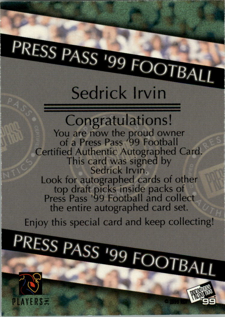 1999 Press Pass Autographs #23 Sedrick Irvin back image