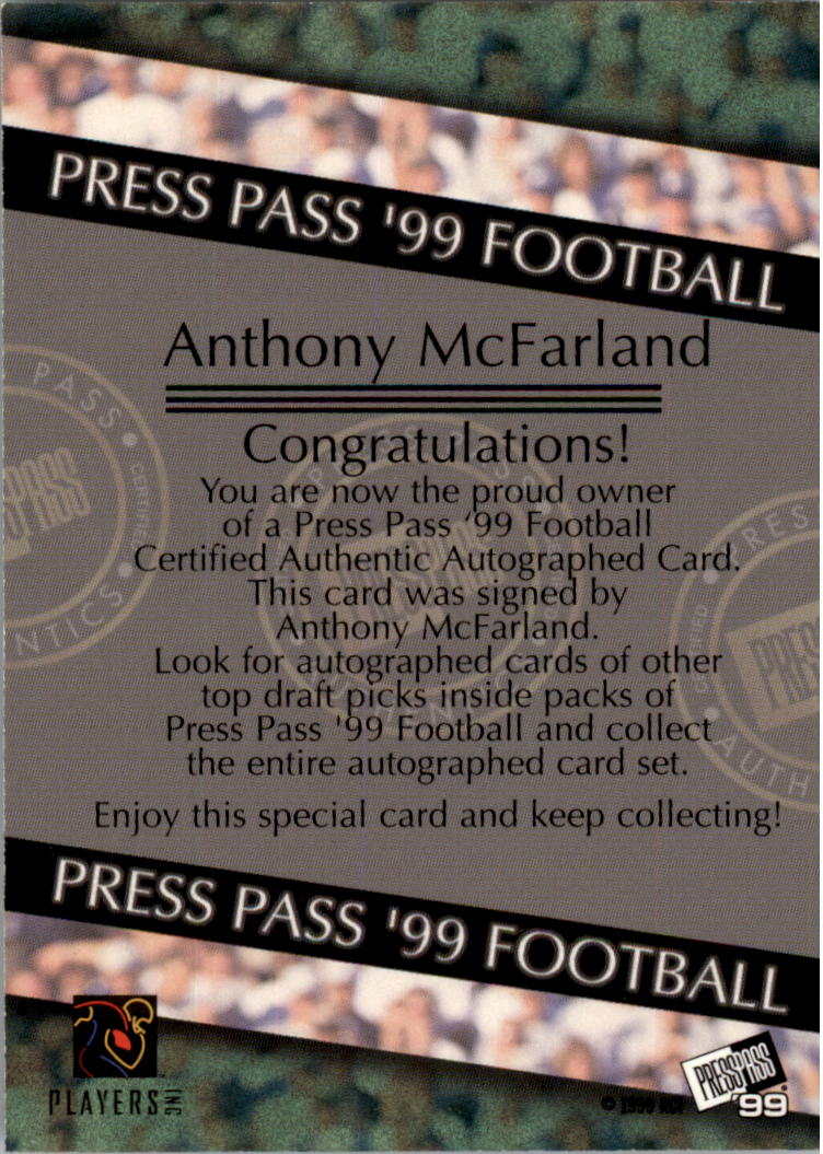 1999 Press Pass Autographs #43 Anthony McFarland back image