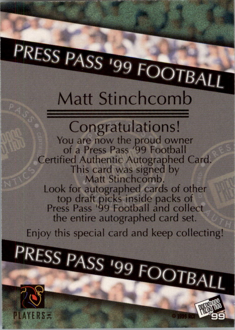 1999 Press Pass Autographs #44 Matt Stinchcomb back image