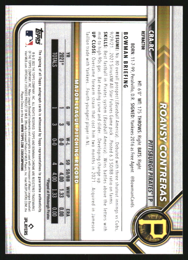 2022 Bowman Chrome Rookie Autographs Refractors #CRARC Roansy Contreras