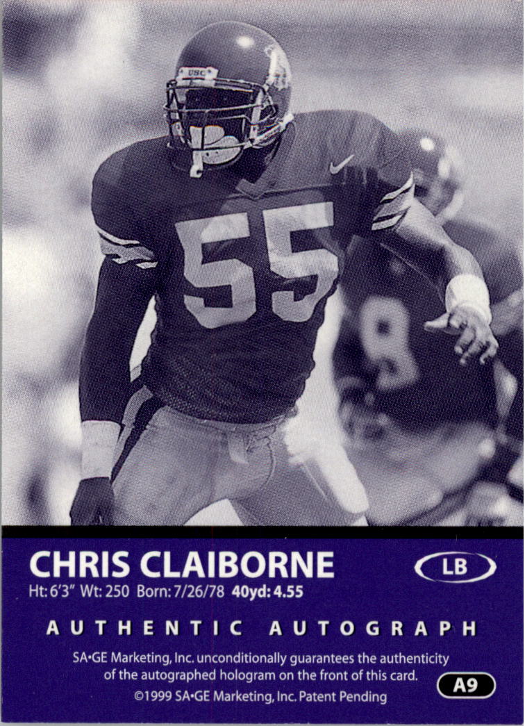 1999 SAGE Autographs Red #A9 Chris Claiborne/999 back image