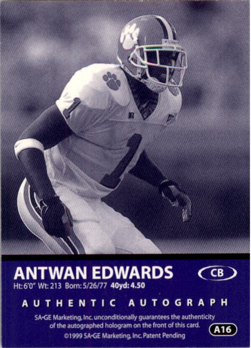 1999 SAGE Autographs Red #A16 Antuan Edwards/999 back image