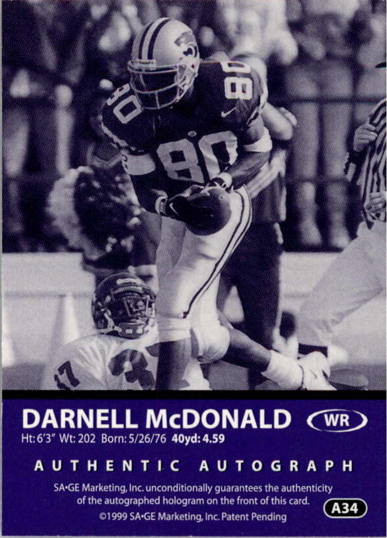 1999 SAGE Autographs Red #A34 Darnell McDonald/999 back image
