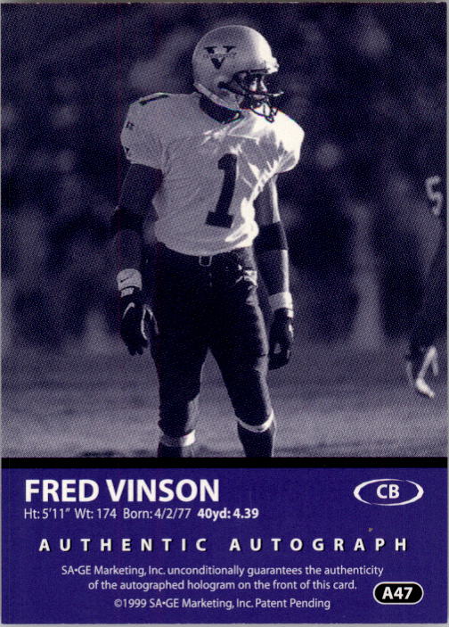 1999 SAGE Autographs Red #A47 Fred Vinson/999 back image