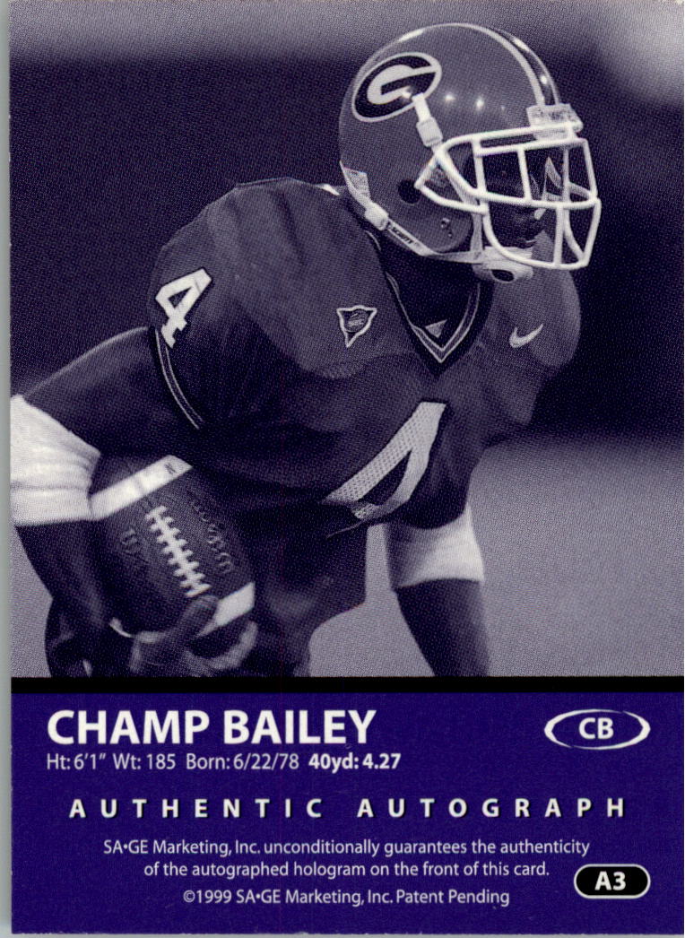 1999 SAGE Autographs Bronze #A3 Champ Bailey/650 back image