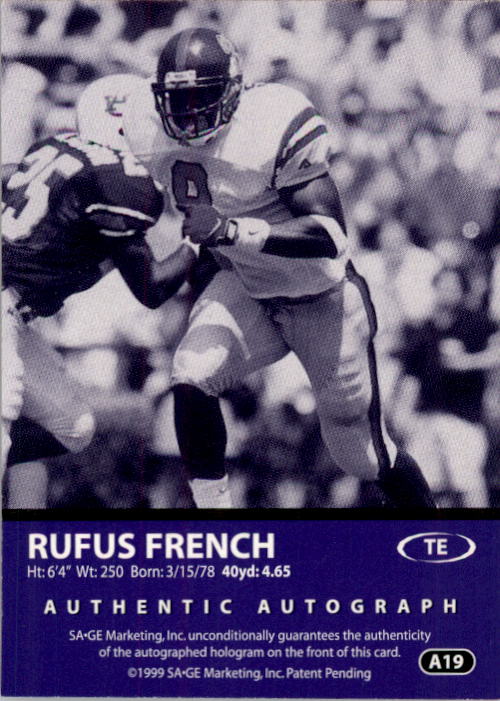 1999 SAGE Autographs Bronze #A19 Rufus French/650 back image