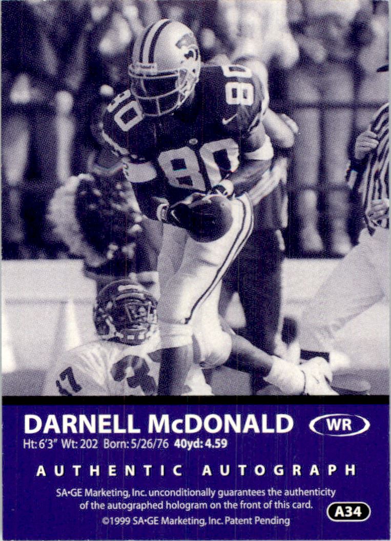 1999 SAGE Autographs Bronze #A34 Darnell McDonald/650 back image