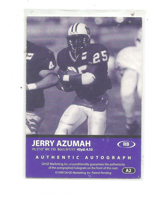 1999 SAGE Autographs Gold #A2 Jerry Azumah/200 back image
