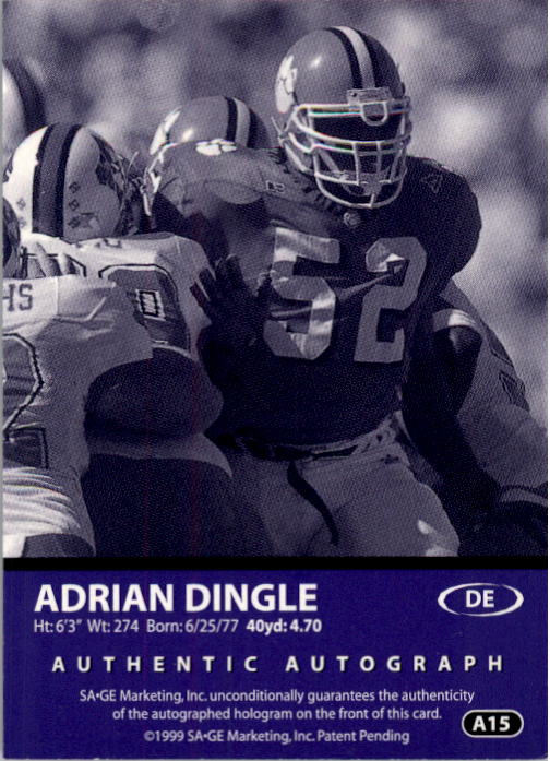 1999 SAGE Autographs Gold #A15 Adrian Dingle/200 back image