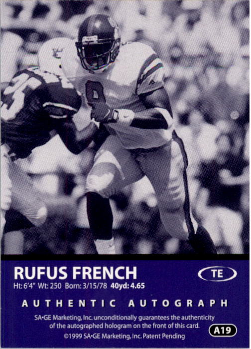 1999 SAGE Autographs Gold #A19 Rufus French/200 back image