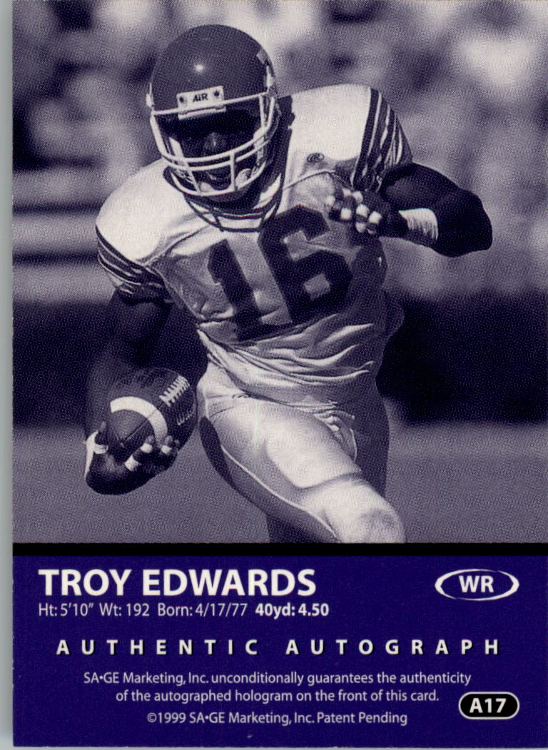 1999 SAGE Autographs Silver #A17 Troy Edwards/400 back image