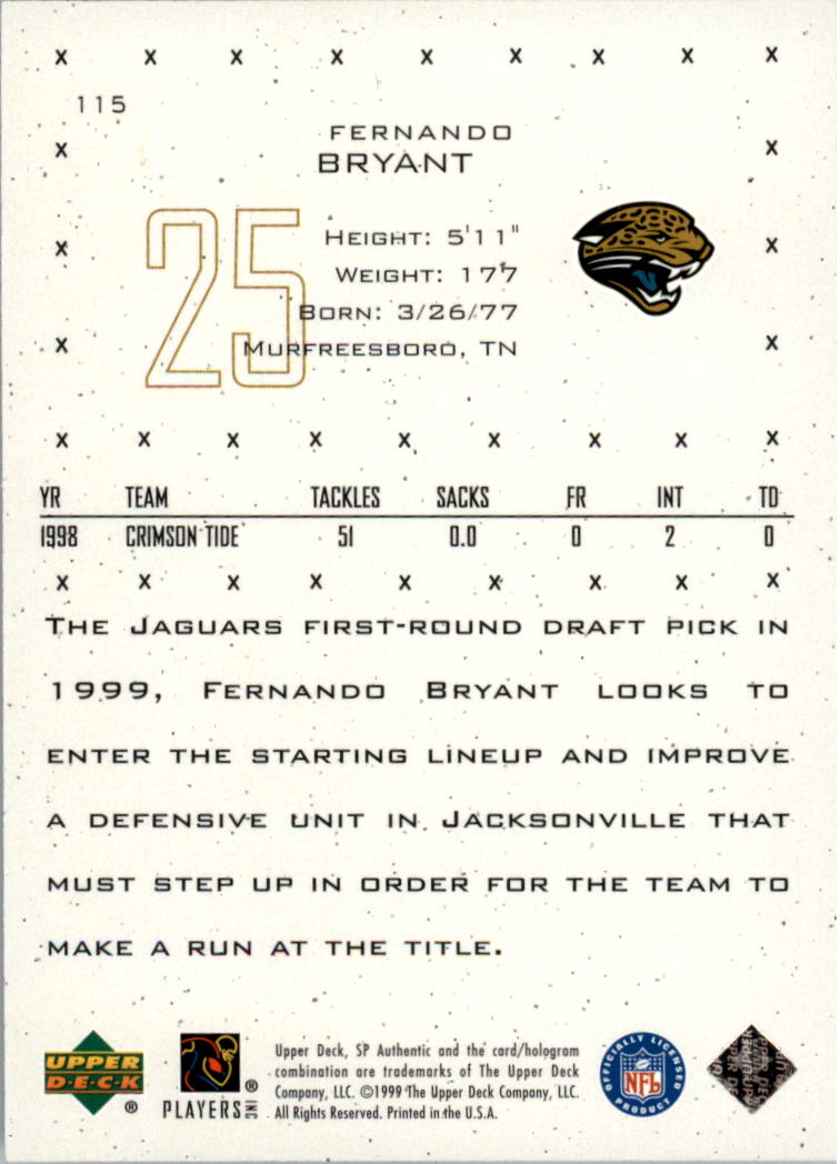1999 SP Authentic Excitement #115 Fernando Bryant back image