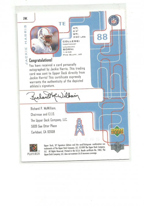 1999 SP Signature Autographs #JK Jackie Harris back image