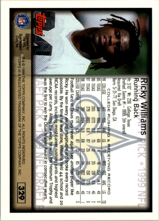 1999 Topps #329 Ricky Williams RC back image