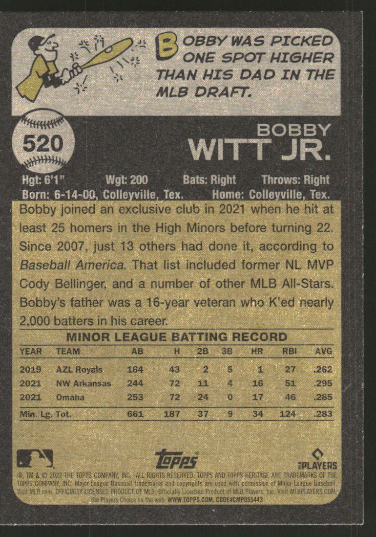 Bobby Witt Jr. 2022 Topps Heritage Rookie Card #520