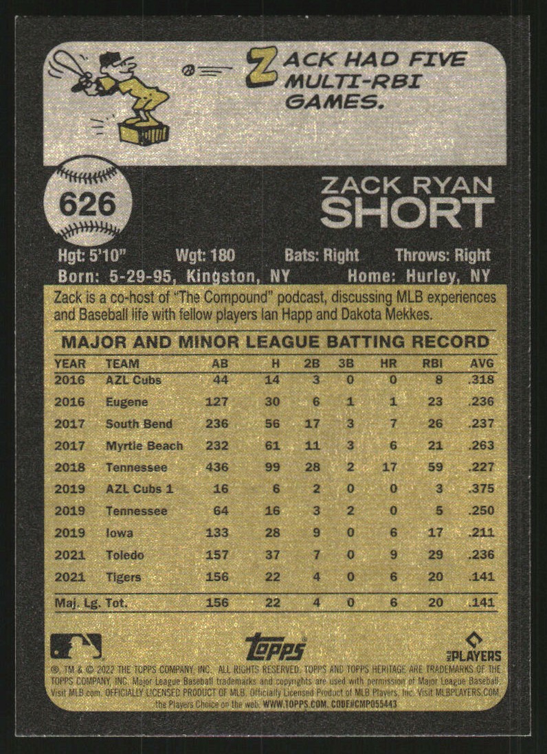 2022 Topps Heritage #626 Zack Short RC