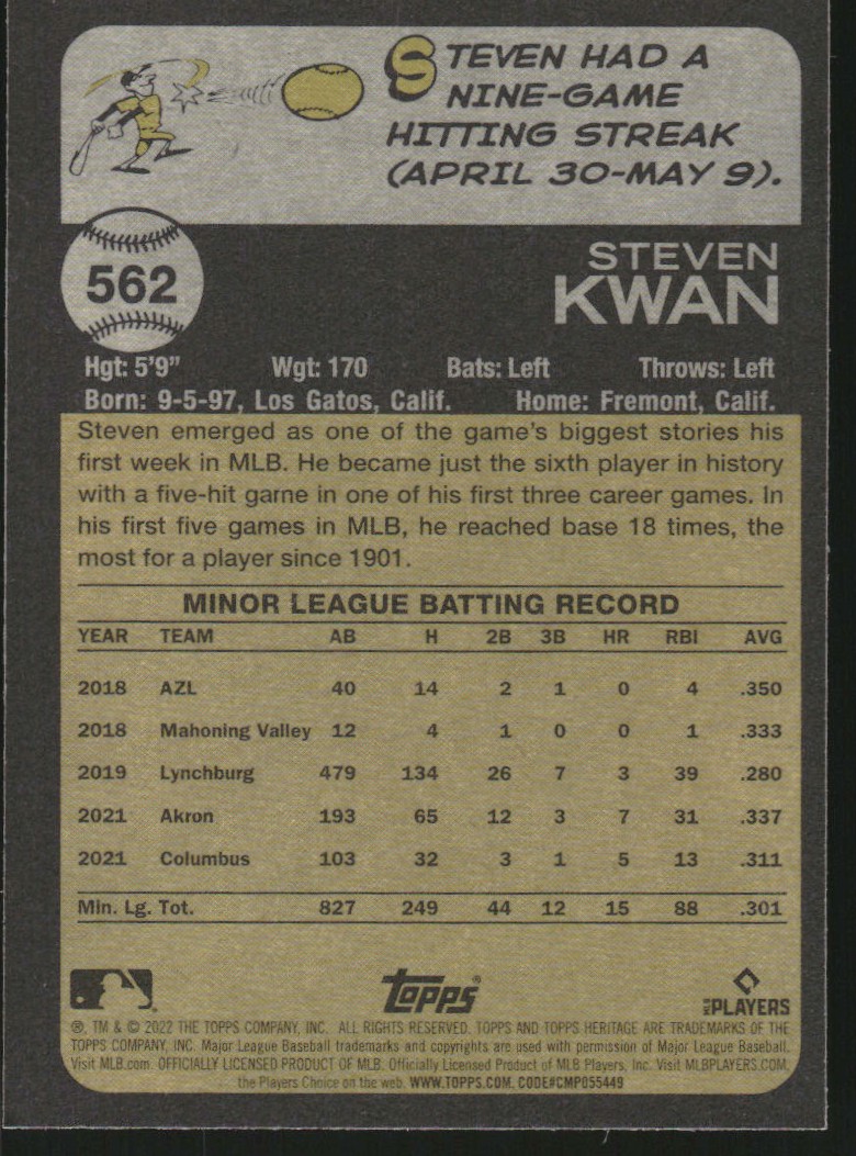2022 Topps Heritage Chrome Purple Refractors #562 Steven Kwan