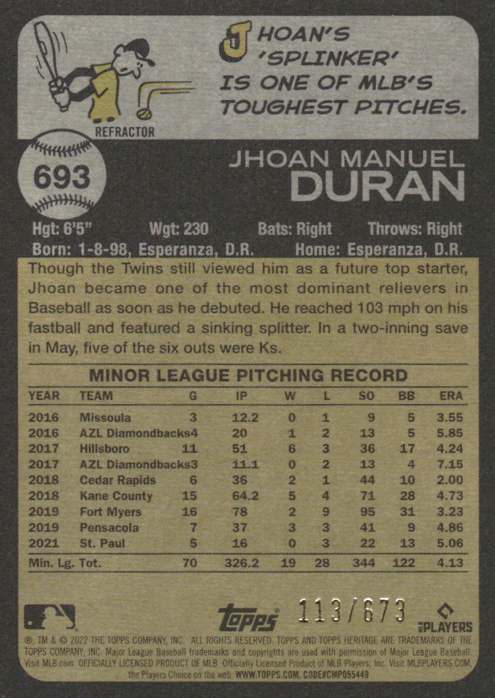 2022 Topps Heritage Chrome Refractors #693 Jhoan Duran