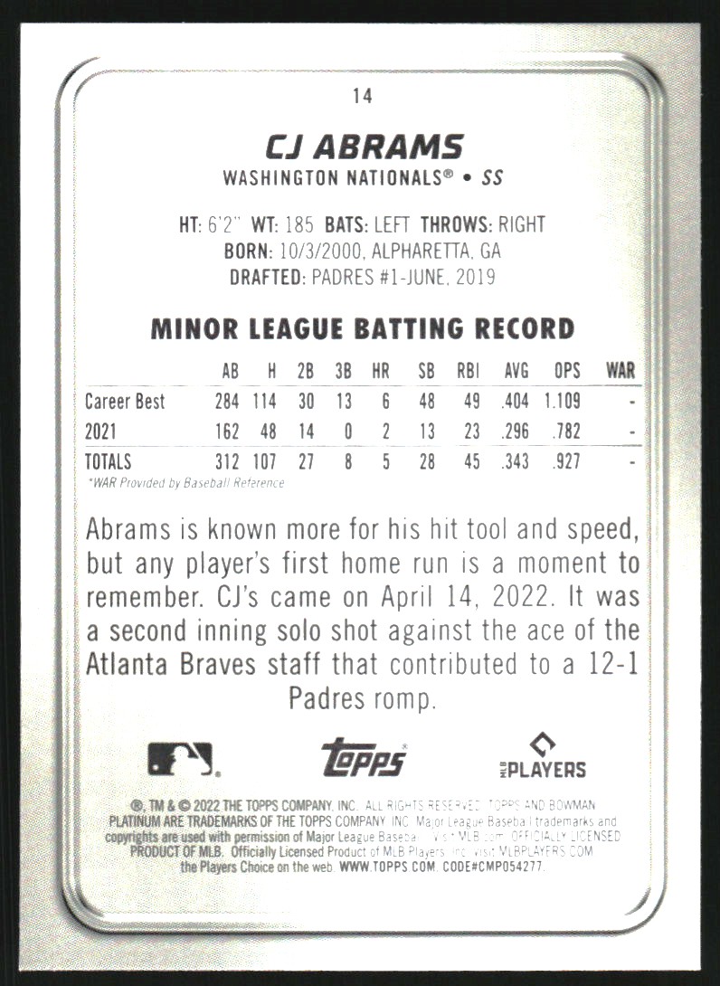 2022 Bowman Platinum #14 CJ Abrams RC