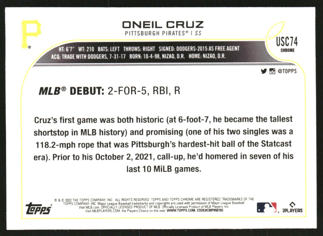 2022 Topps Chrome Update #USC74 Oneil Cruz RC