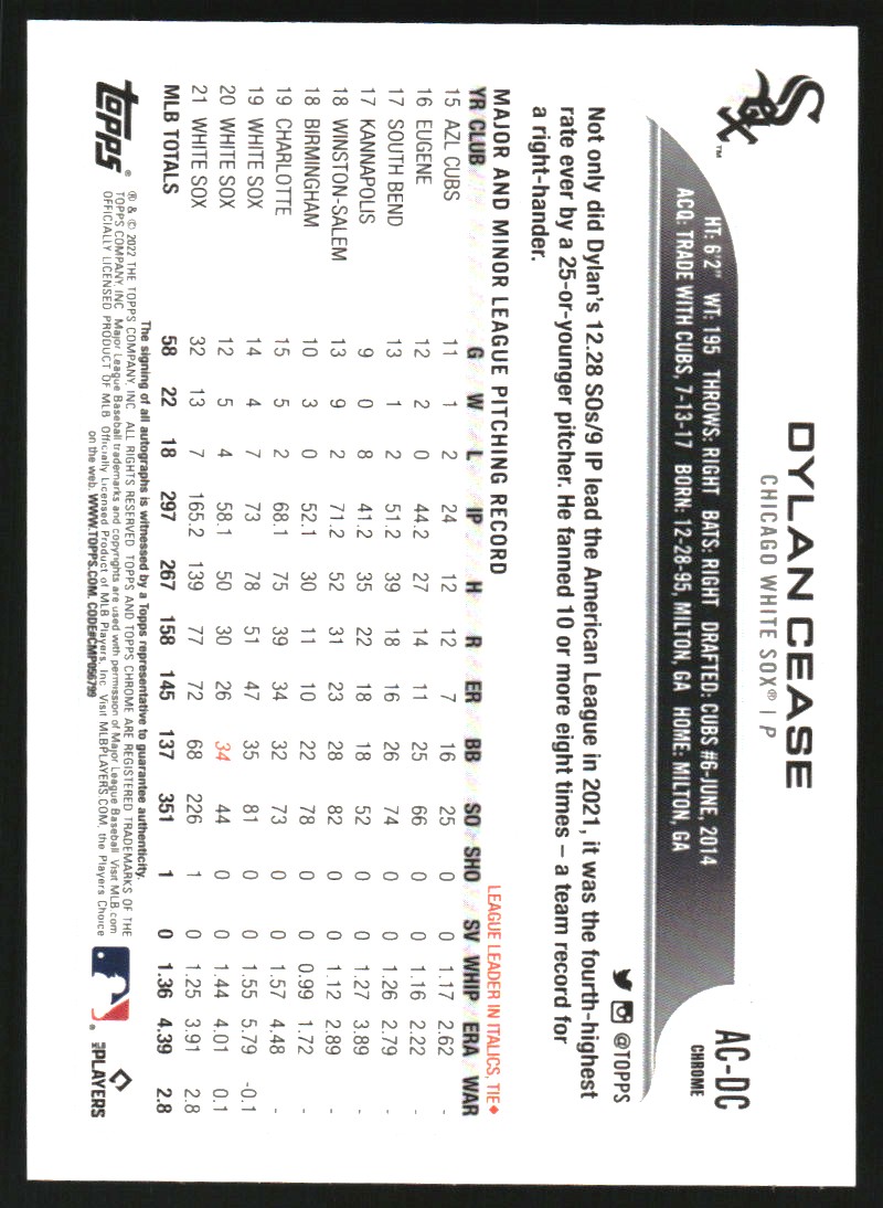 2022 Topps Chrome Update Autographs #ACDC Dylan Cease