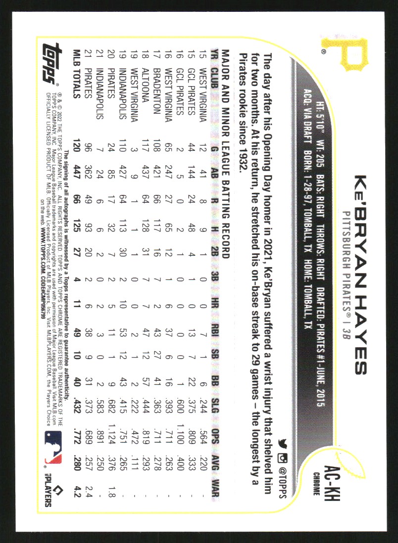 2022 Topps Chrome Update Autographs #ACKH Ke'Bryan Hayes