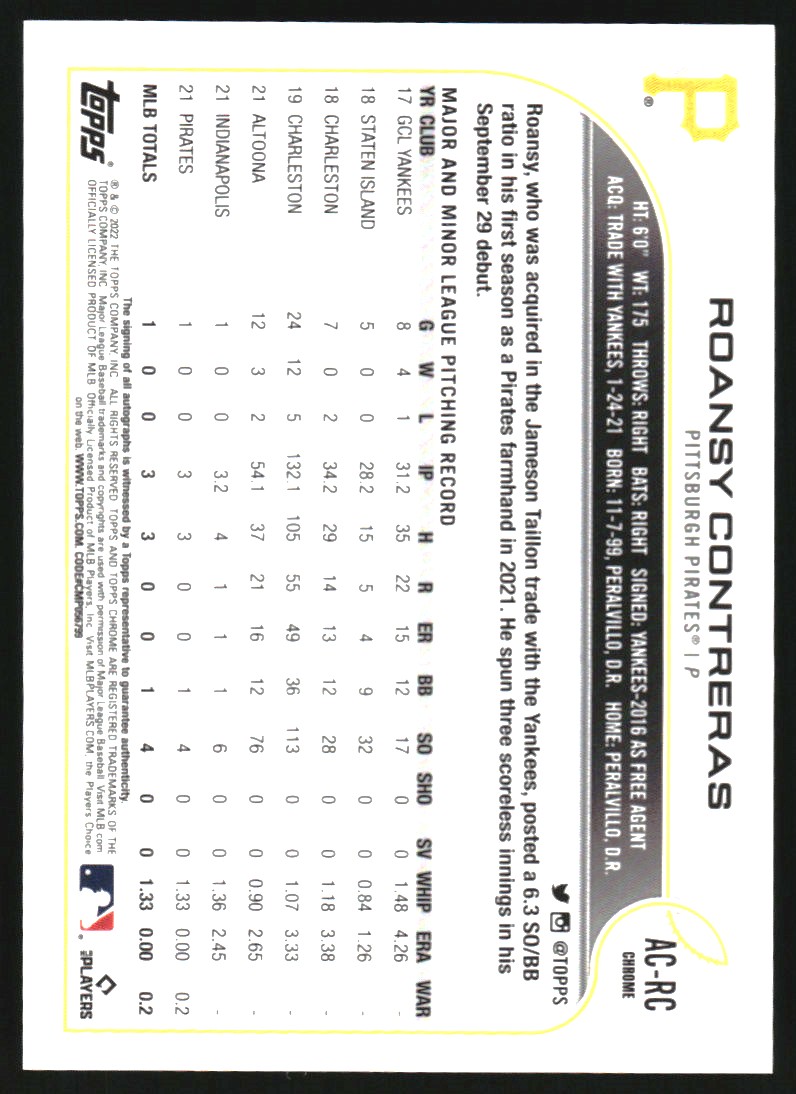 2022 Topps Chrome Update Autographs #ACRC Roansy Contreras