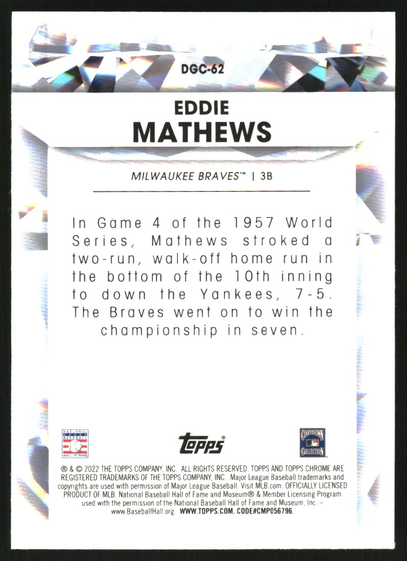 2022 Topps Chrome Update Diamond Greats Die Cuts #DGC62 Eddie Mathews