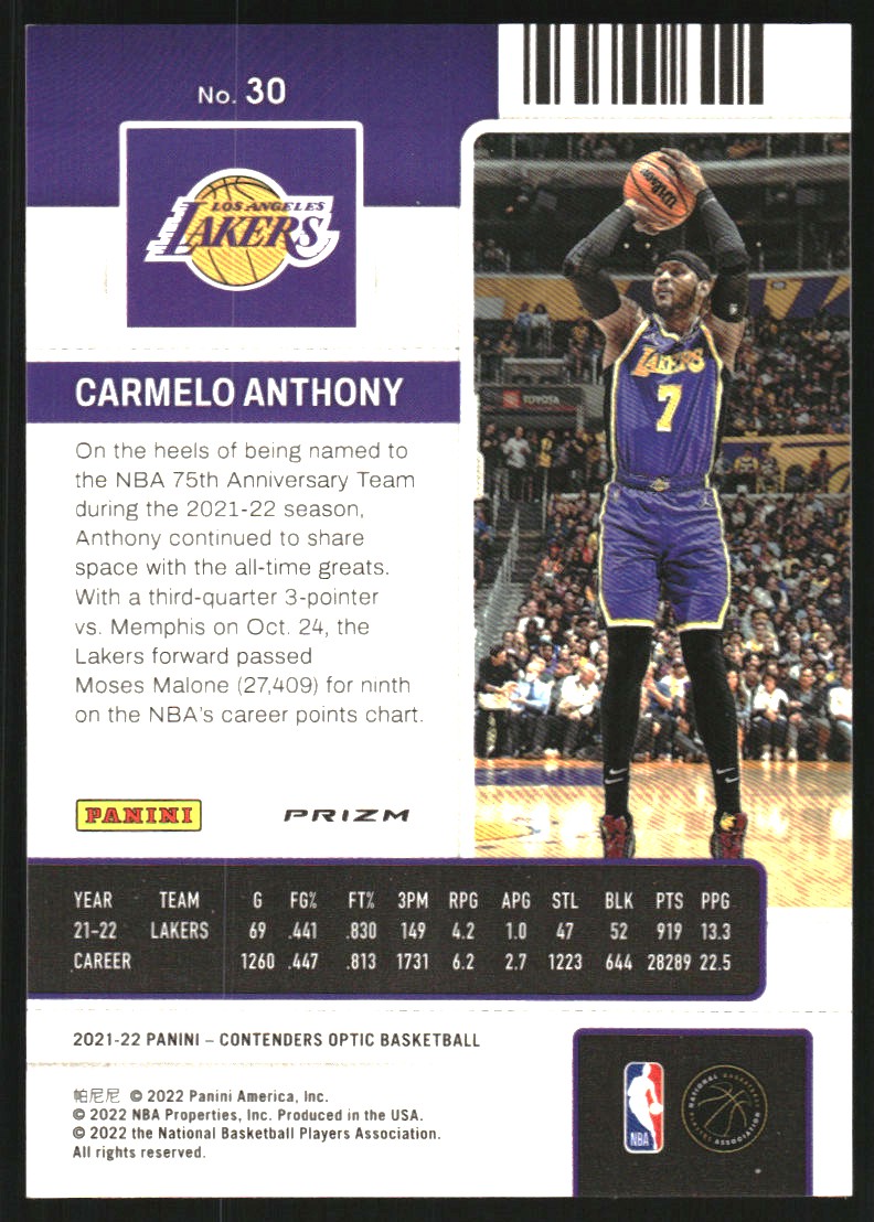 2021-22 Panini Contenders Optic Silver #30 Carmelo Anthony
