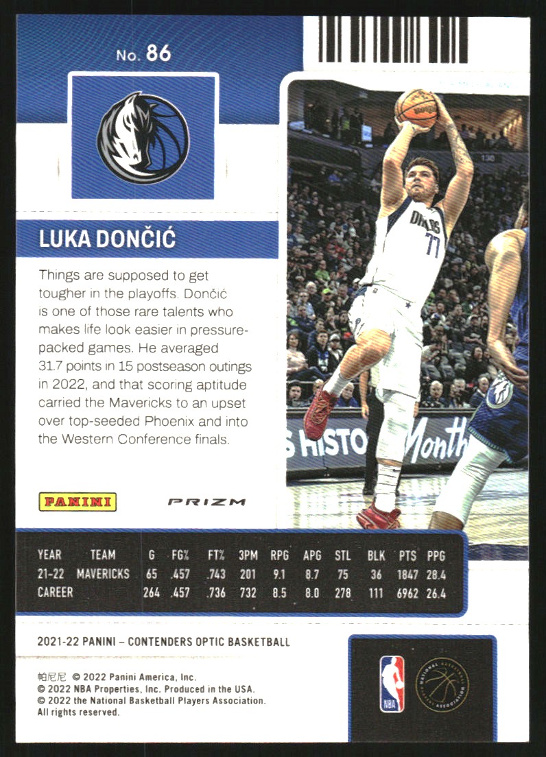 2021-22 Panini Contenders Optic Silver #86 Luka Doncic on Fanatics