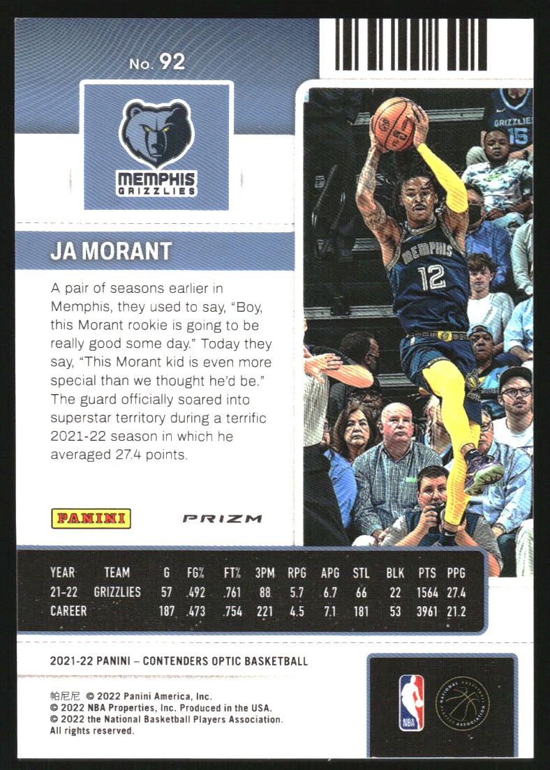 2021-22 Panini Contenders Optic Silver #92 Ja Morant