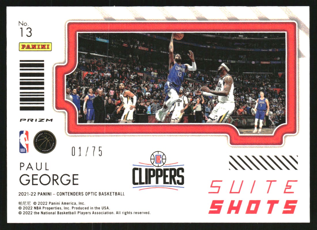 2021-22 Panini Contenders Optic Suite Shots Blue Cracked Ice #13 Paul George