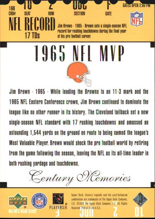 1999 Upper Deck Century Legends Century Collection #166 Jim Brown CM back image