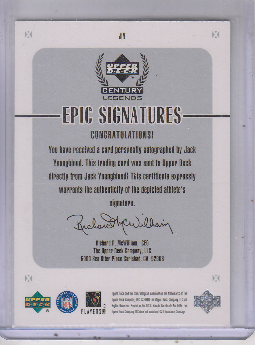 1999 Upper Deck Century Legends Epic Signatures #JY Jack Youngblood back image