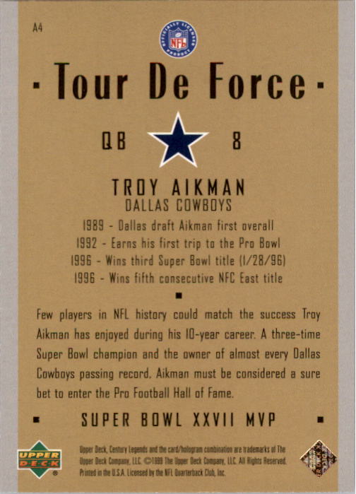 1999 Upper Deck Century Legends Tour de Force #A4 Troy Aikman back image