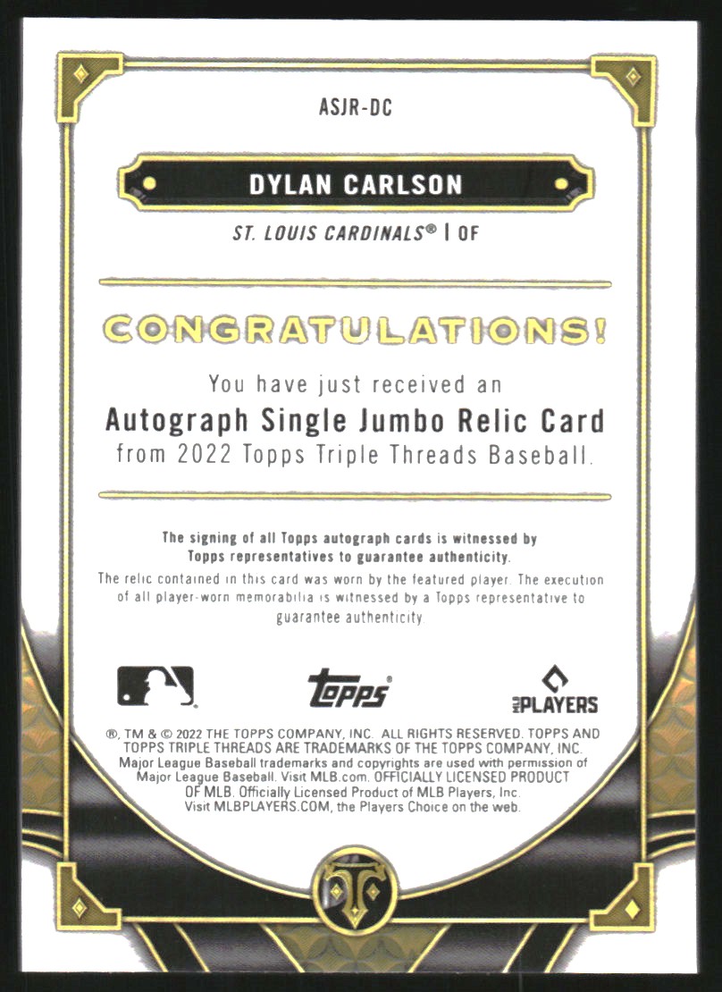 2022 Topps Triple Threads Single Jumbo Relic Autographs Amethyst #ASJRDC Dylan Carlson