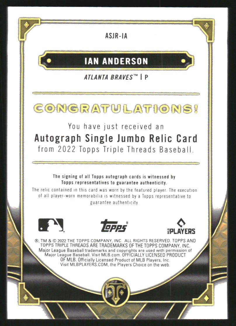 2022 Topps Triple Threads Single Jumbo Relic Autographs Amethyst #ASJRIA Ian Anderson