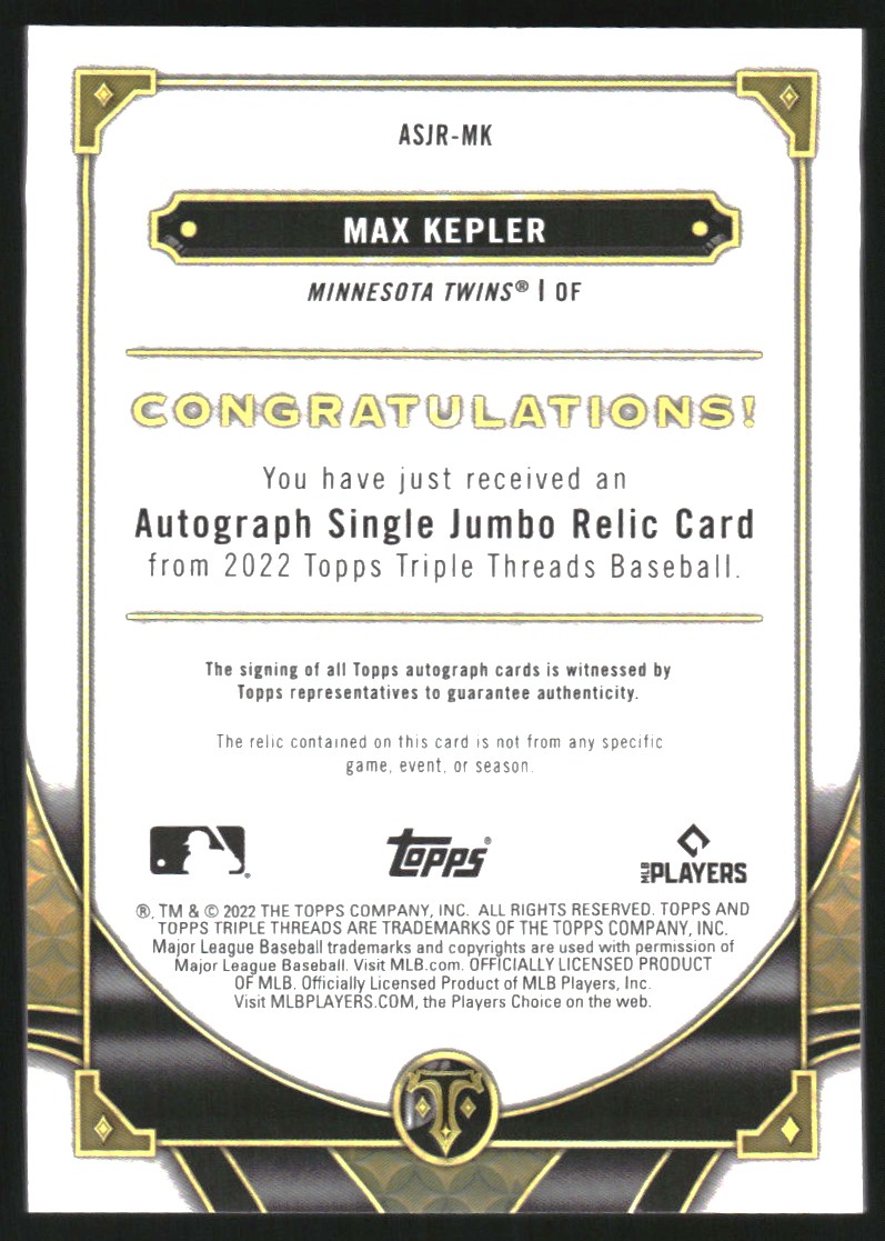 2022 Topps Triple Threads Single Jumbo Relic Autographs Amethyst #ASJRMK Max Kepler