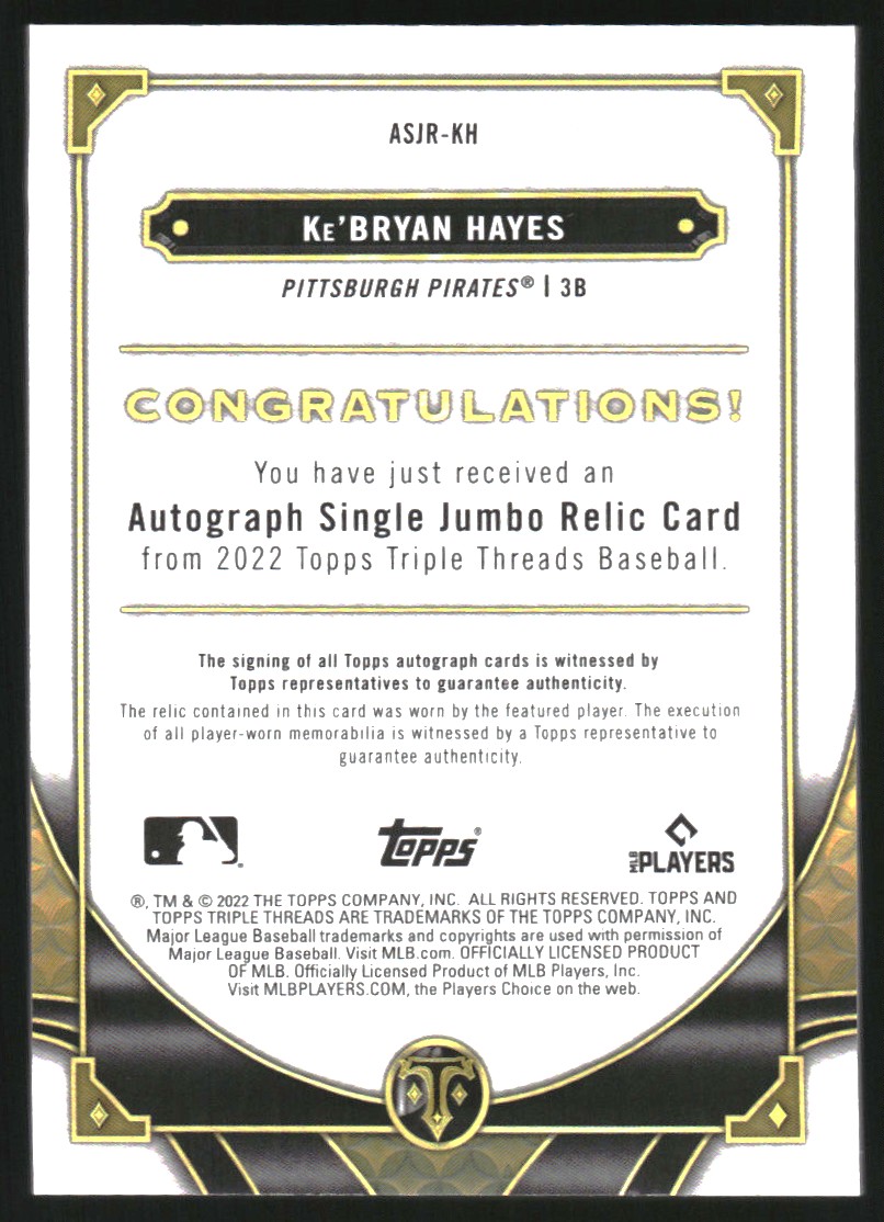 2022 Topps Triple Threads Single Jumbo Relic Autographs Emerald #ASJRKH Ke'Bryan Hayes