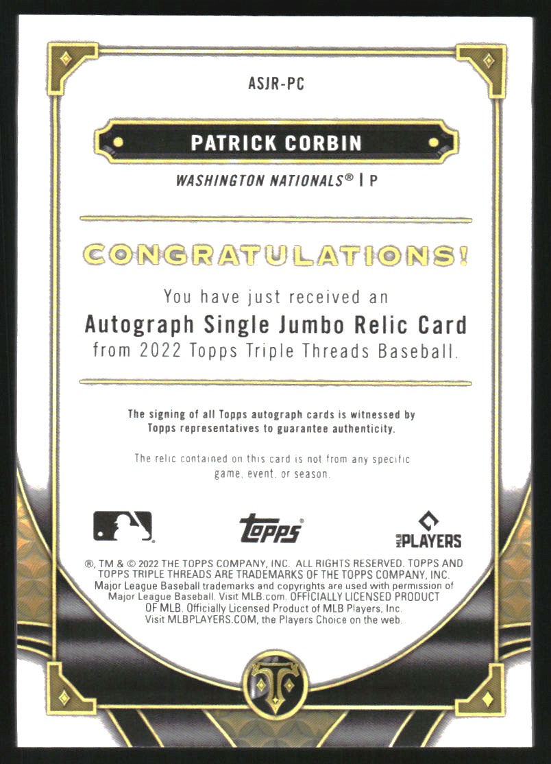 2022 Topps Triple Threads Single Jumbo Relic Autographs Emerald #ASJRPC Patrick Corbin