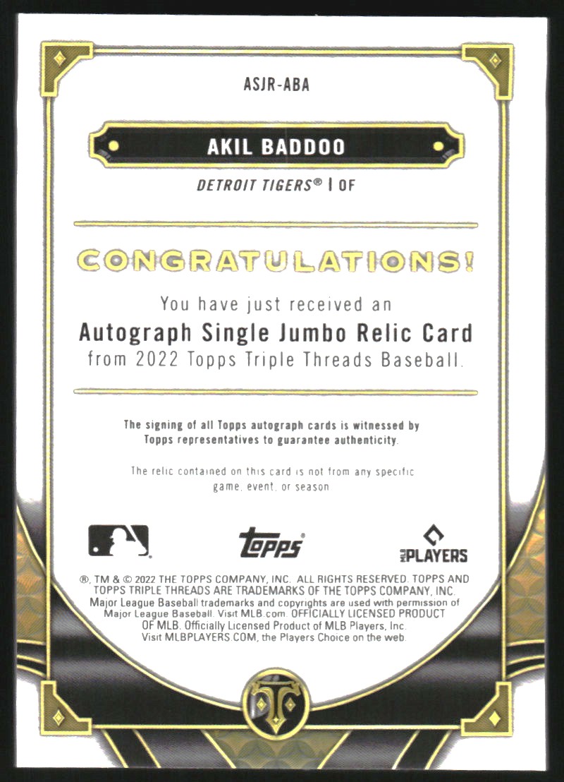 2022 Topps Triple Threads Single Jumbo Relic Autographs Gold #ASJRABA Akil Baddoo
