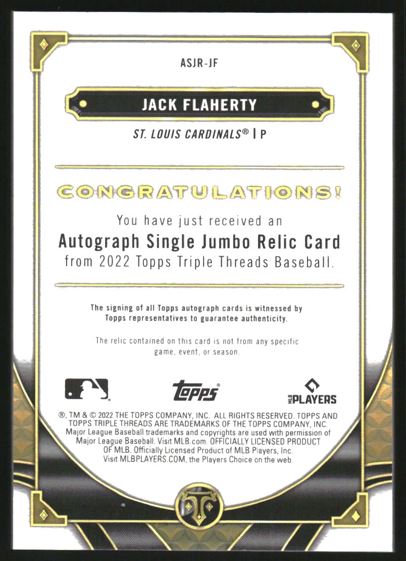 2022 Topps Triple Threads Single Jumbo Relic Autographs Gold #ASJRJF Jack Flaherty