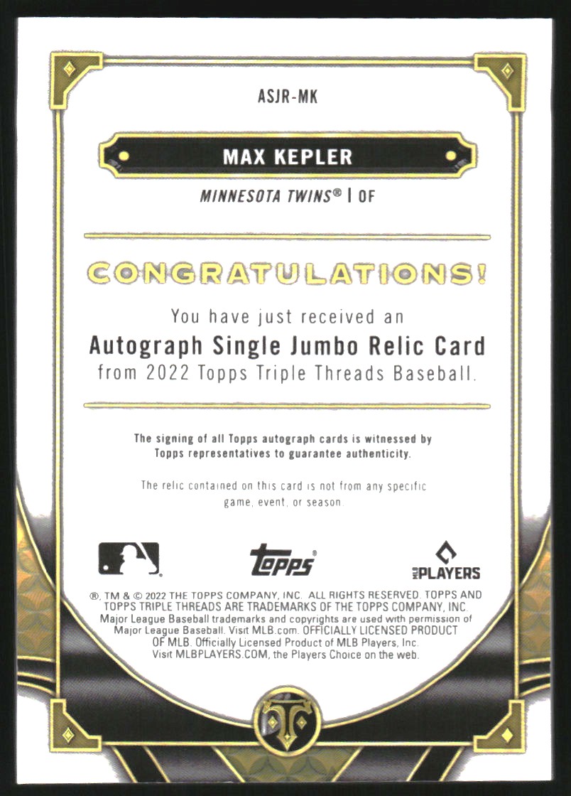 2022 Topps Triple Threads Single Jumbo Relic Autographs Gold #ASJRMK Max Kepler