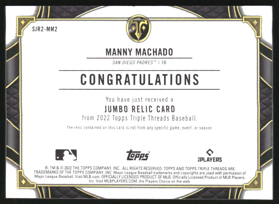 2022 Topps Triple Threads Single Jumbo Relics #SJR2MM2 Manny Machado