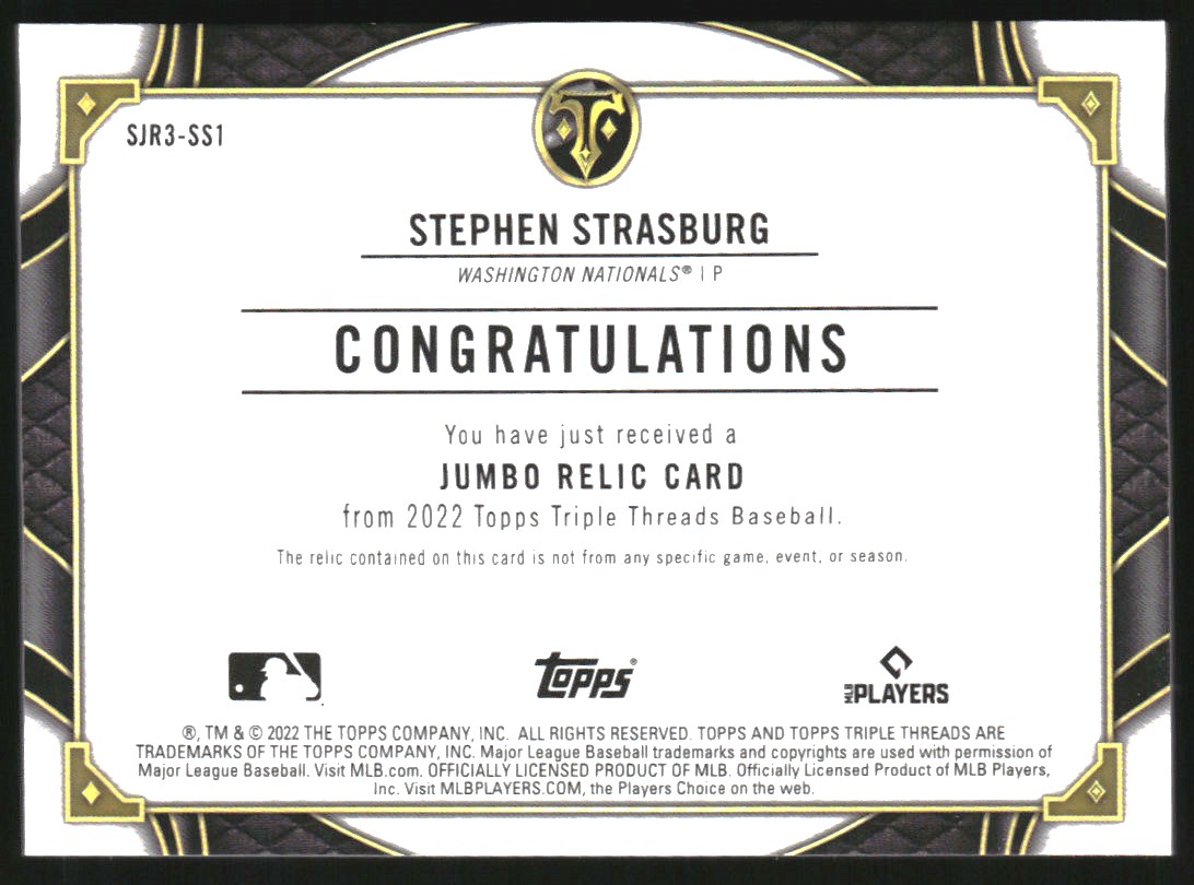 2022 Topps Triple Threads Single Jumbo Relics #SJR3SS1 Stephen Strasburg