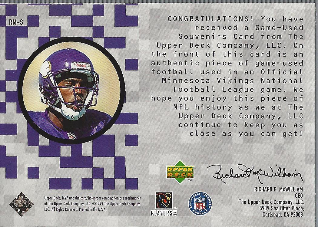 1999 Upper Deck MVP Game Used Souvenirs #RMS Randy Moss back image