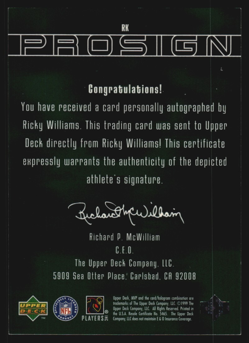 1999 Upper Deck MVP ProSign #RW2 Ricky Williams SP back image